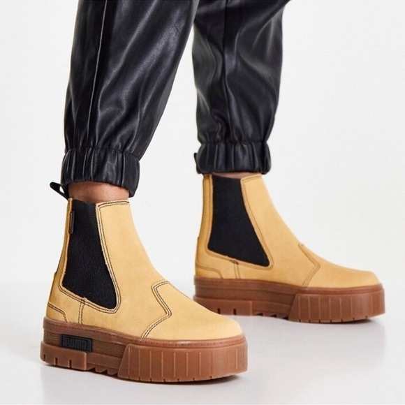 Puma Women’s Mayze Platform Chelsea Suede Tan Gum Sole Casual Boots Size 8.5 New - Picture 5 of 13